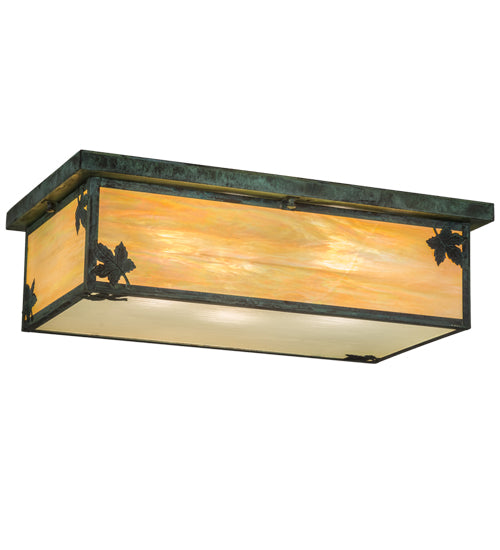 Meyda Lighting Hyde Park 24" 3-Light Verdigris Maple Leaf Island Flush Mount Light With Beige Iridescent Art Shade Glass