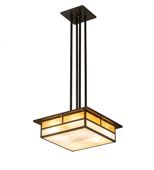 Meyda Lighting Hyde Park 25" 4-Light Antique Copper "T" Mission Pendant Light With Beige Iridescent Shade Glass