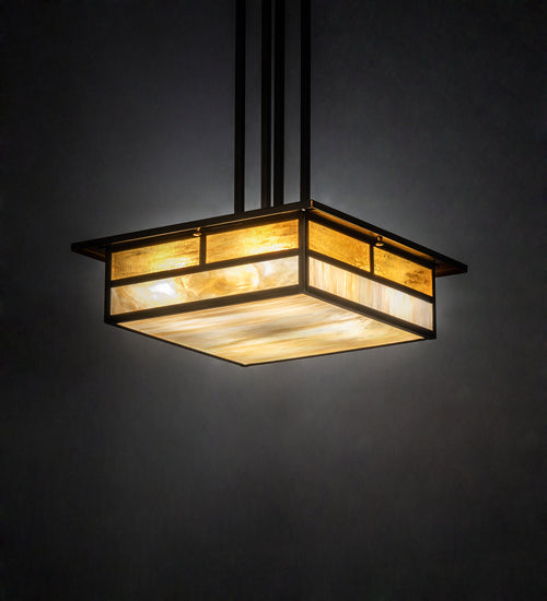 Meyda Lighting Hyde Park 25" 4-Light Antique Copper "T" Mission Pendant Light With Beige Iridescent Shade Glass