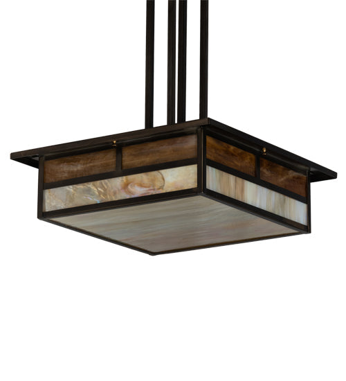 Meyda Lighting Hyde Park 25" 4-Light Antique Copper "T" Mission Pendant Light With Beige Iridescent Shade Glass