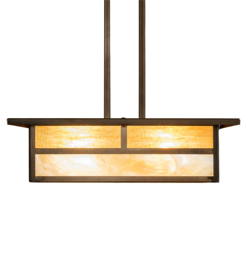 Meyda Lighting Hyde Park 25" 4-Light Antique Copper "T" Mission Pendant Light With Beige Iridescent Shade Glass
