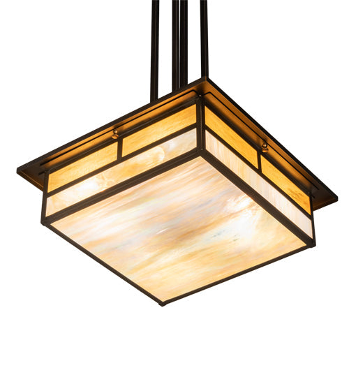 Meyda Lighting Hyde Park 25" 4-Light Antique Copper "T" Mission Pendant Light With Beige Iridescent Shade Glass