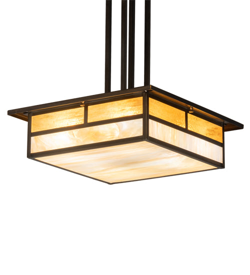 Meyda Lighting Hyde Park 25" 4-Light Antique Copper "T" Mission Pendant Light With Beige Iridescent Shade Glass