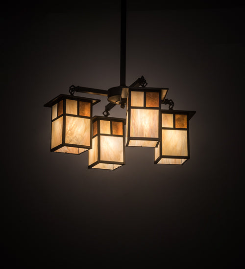 Meyda Lighting Hyde Park 25" 4-Light Craftsman Brown "T" Mission Chandelier With Beige Art & Amber Mica Shade