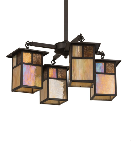 Meyda Lighting Hyde Park 25" 4-Light Craftsman Brown "T" Mission Chandelier With Beige Art & Amber Mica Shade