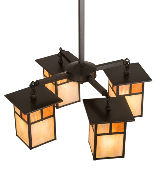 Meyda Lighting Hyde Park 25" 4-Light Craftsman Brown "T" Mission Chandelier With Beige Art & Amber Mica Shade