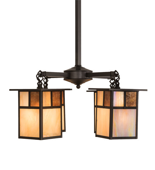 Meyda Lighting Hyde Park 25" 4-Light Craftsman Brown "T" Mission Chandelier With Beige Art & Amber Mica Shade