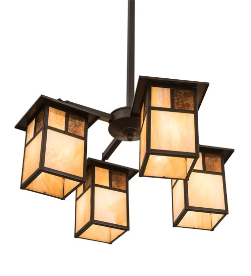 Meyda Lighting Hyde Park 25" 4-Light Craftsman Brown "T" Mission Chandelier With Beige Art & Amber Mica Shade