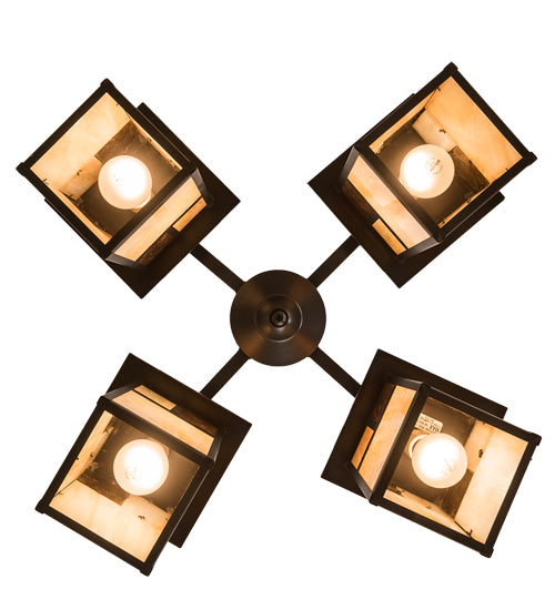 Meyda Lighting Hyde Park 25" 4-Light Craftsman Brown "T" Mission Chandelier With Beige Art & Amber Mica Shade