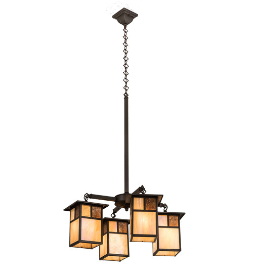 Meyda Lighting Hyde Park 25" 4-Light Craftsman Brown "T" Mission Chandelier With Beige Art & Amber Mica Shade