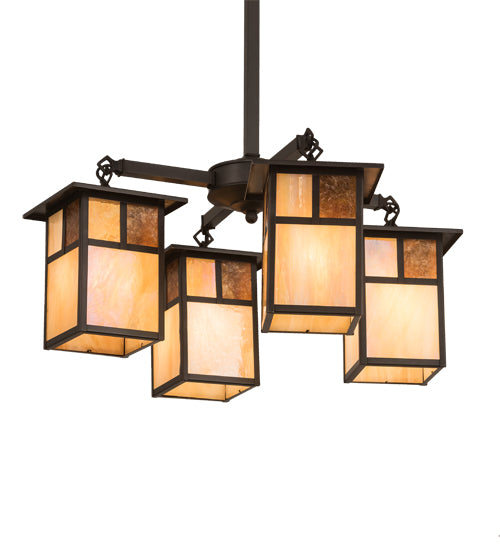 Meyda Lighting Hyde Park 25" 4-Light Craftsman Brown "T" Mission Chandelier With Beige Art & Amber Mica Shade