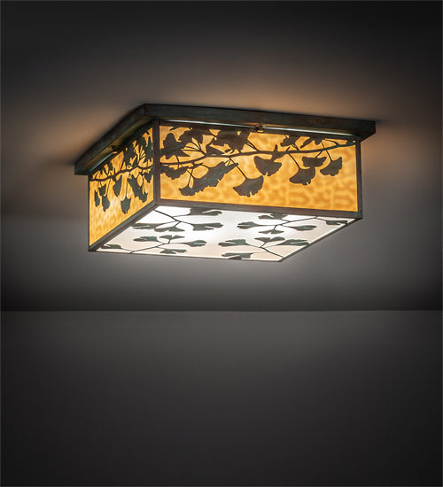 Meyda Lighting Hyde Park 28" 6-Light Verdigris Ginkgo Flush Mount Light With Beige And Clear Seeded Shade Glass