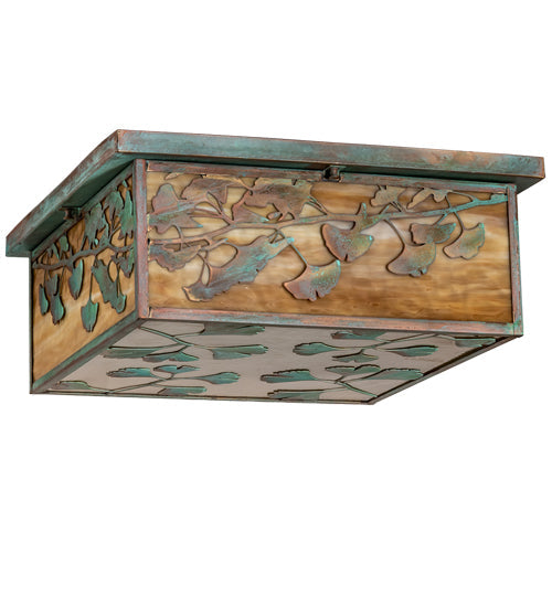 Meyda Lighting Hyde Park 28" 6-Light Verdigris Ginkgo Flush Mount Light With Beige And Clear Seeded Shade Glass