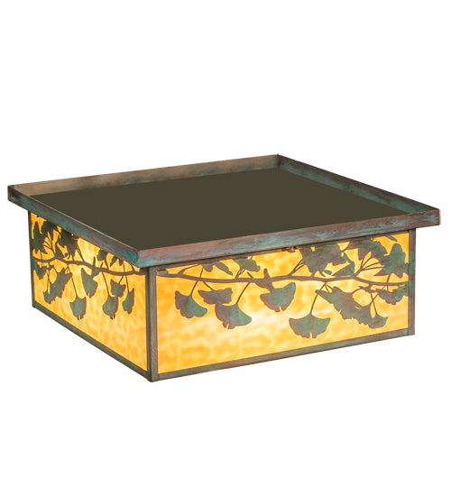 Meyda Lighting Hyde Park 28" 6-Light Verdigris Ginkgo Flush Mount Light With Beige And Clear Seeded Shade Glass