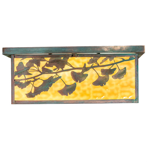 Meyda Lighting Hyde Park 28" 6-Light Verdigris Ginkgo Flush Mount Light With Beige And Clear Seeded Shade Glass