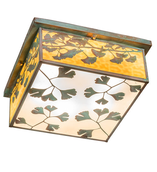 Meyda Lighting Hyde Park 28" 6-Light Verdigris Ginkgo Flush Mount Light With Beige And Clear Seeded Shade Glass