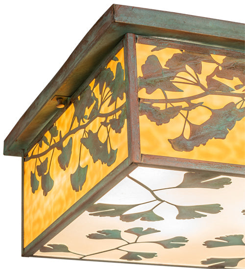 Meyda Lighting Hyde Park 28" 6-Light Verdigris Ginkgo Flush Mount Light With Beige And Clear Seeded Shade Glass