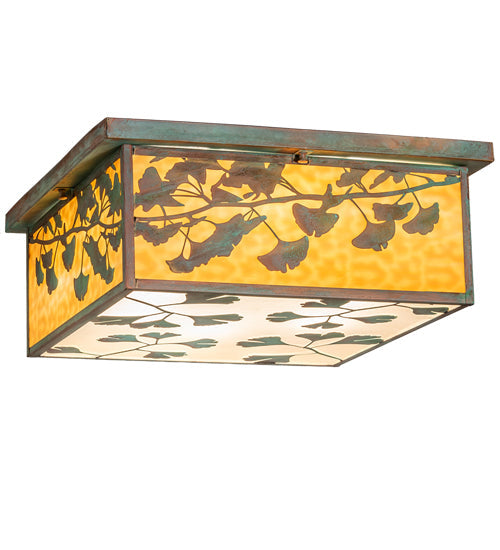 Meyda Lighting Hyde Park 28" 6-Light Verdigris Ginkgo Flush Mount Light With Beige And Clear Seeded Shade Glass
