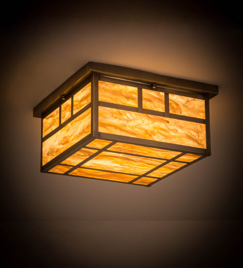Meyda Lighting Hyde Park 29" 4-Light Antique Brass Bar Mission Flush Mount Light With Travertine Idalight Shade Glass