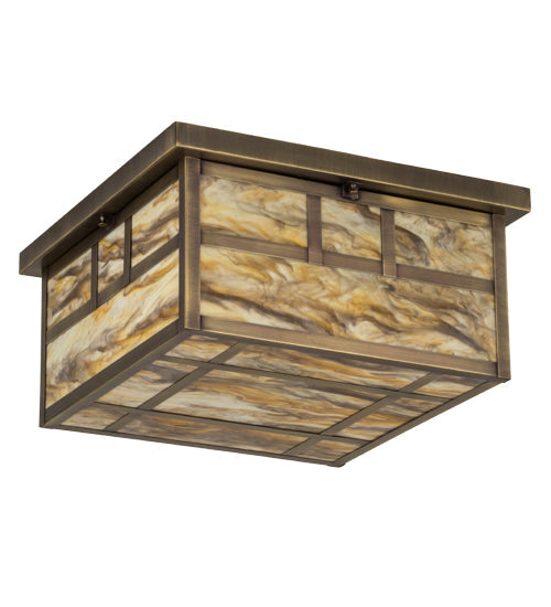 Meyda Lighting Hyde Park 29" 4-Light Antique Brass Bar Mission Flush Mount Light With Travertine Idalight Shade Glass