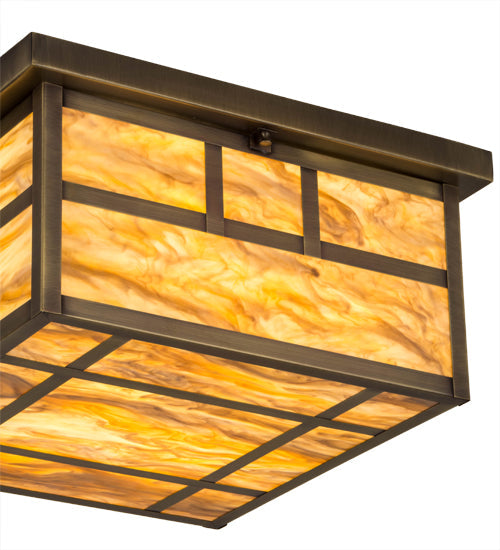 Meyda Lighting Hyde Park 29" 4-Light Antique Brass Bar Mission Flush Mount Light With Travertine Idalight Shade Glass