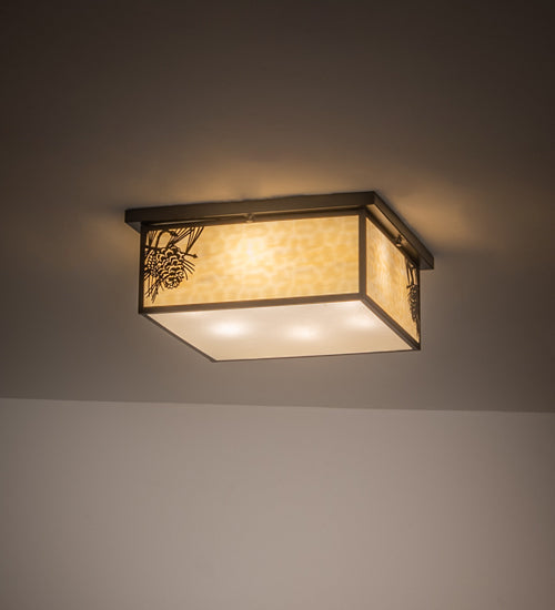 Meyda Lighting Hyde Park 29" 6-Light Craftsman Brown Winter Pine Flush Mount Light With Beige Art & Clear Seeded Shade Glass