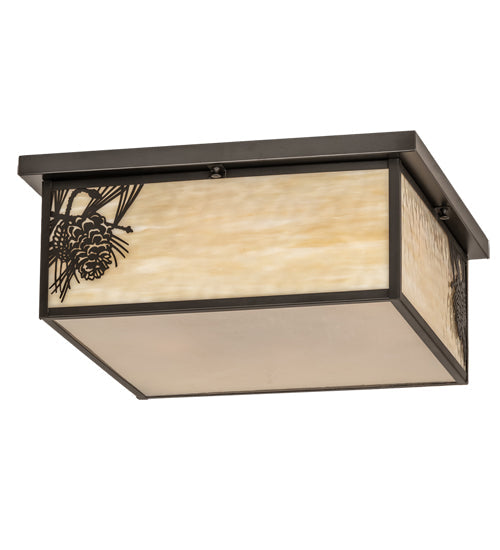 Meyda Lighting Hyde Park 29" 6-Light Craftsman Brown Winter Pine Flush Mount Light With Beige Art & Clear Seeded Shade Glass