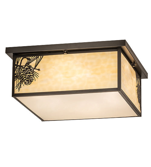 Meyda Lighting Hyde Park 29" 6-Light Craftsman Brown Winter Pine Flush Mount Light With Beige Art & Clear Seeded Shade Glass