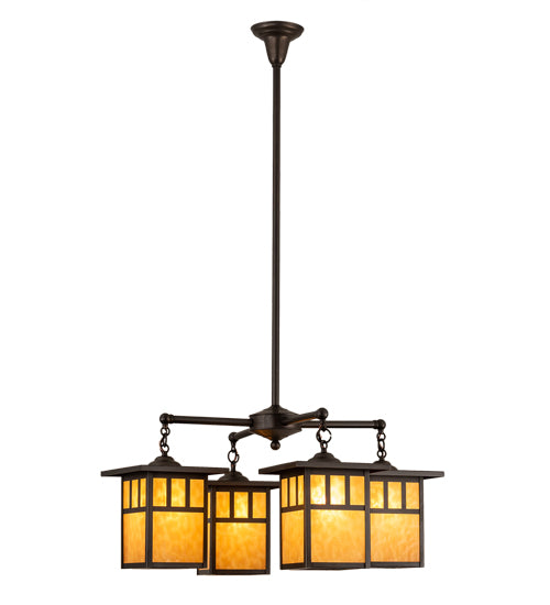 Meyda Lighting Hyde Park 31" 4-Light Craftsman Brown Double Bar Mission Chandelier With Beige Art Shade Glass