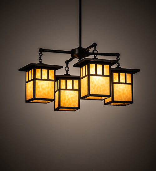 Meyda Lighting Hyde Park 31" 4-Light Craftsman Brown Double Bar Mission Chandelier With Beige Art Shade Glass