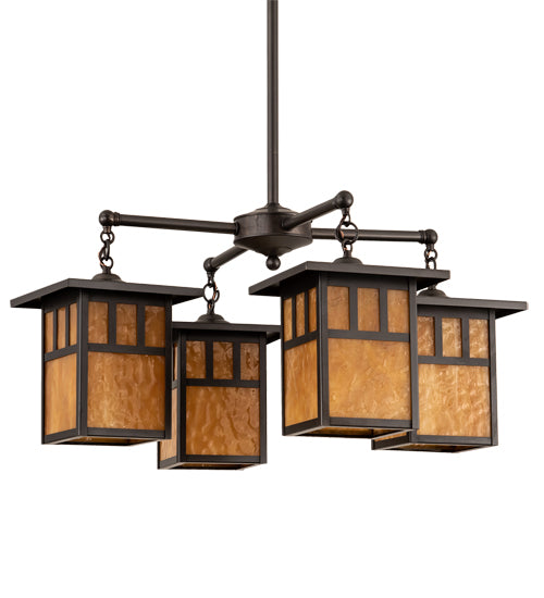 Meyda Lighting Hyde Park 31" 4-Light Craftsman Brown Double Bar Mission Chandelier With Beige Art Shade Glass