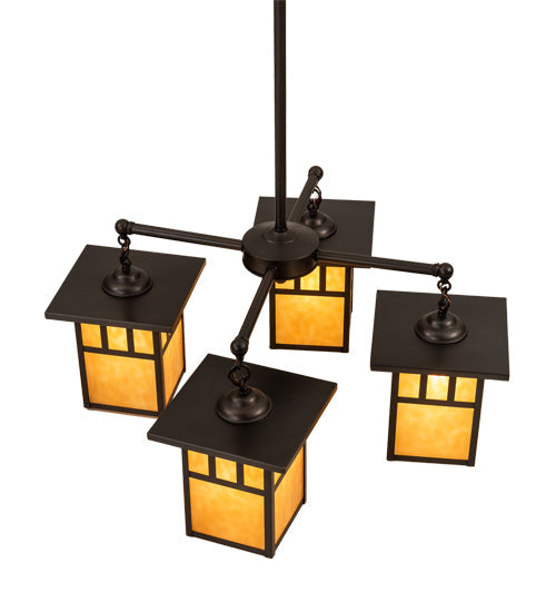 Meyda Lighting Hyde Park 31" 4-Light Craftsman Brown Double Bar Mission Chandelier With Beige Art Shade Glass