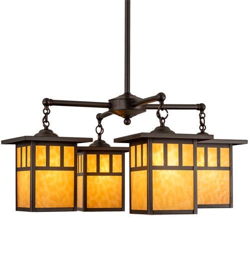 Meyda Lighting Hyde Park 31" 4-Light Craftsman Brown Double Bar Mission Chandelier With Beige Art Shade Glass