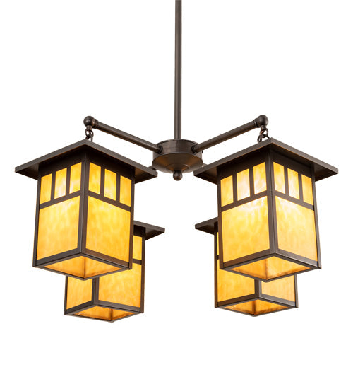 Meyda Lighting Hyde Park 31" 4-Light Craftsman Brown Double Bar Mission Chandelier With Beige Art Shade Glass