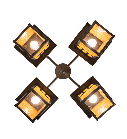 Meyda Lighting Hyde Park 31" 4-Light Craftsman Brown Double Bar Mission Chandelier With Beige Art Shade Glass
