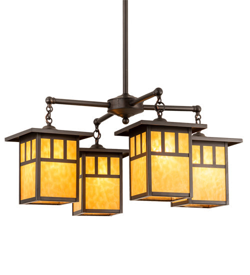 Meyda Lighting Hyde Park 31" 4-Light Craftsman Brown Double Bar Mission Chandelier With Beige Art Shade Glass