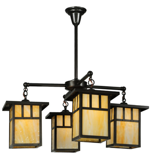 Meyda Lighting Hyde Park 31" 4-Light Craftsman Brown Double Bar Mission Chandelier With Beige Shade Glass