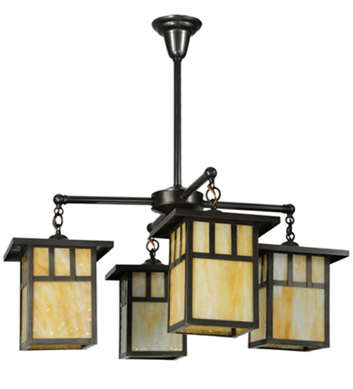 Meyda Lighting Hyde Park 31" 4-Light Craftsman Brown Double Bar Mission Chandelier With Beige Shade Glass
