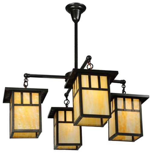 Meyda Lighting Hyde Park 31" 4-Light Craftsman Brown Double Bar Mission Chandelier With Beige Shade Glass