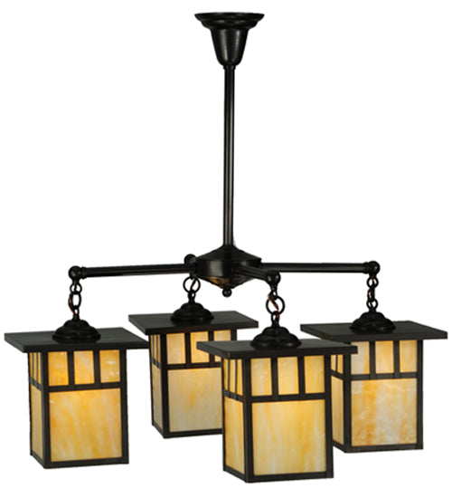 Meyda Lighting Hyde Park 31" 4-Light Craftsman Brown Double Bar Mission Chandelier With Beige Shade Glass
