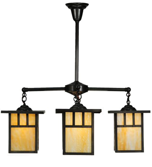Meyda Lighting Hyde Park 31" 4-Light Craftsman Brown Double Bar Mission Chandelier With Beige Shade Glass