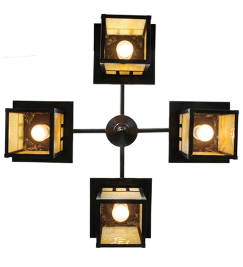 Meyda Lighting Hyde Park 31" 4-Light Craftsman Brown Double Bar Mission Chandelier With Beige Shade Glass
