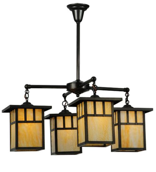 Meyda Lighting Hyde Park 31" 4-Light Craftsman Brown Double Bar Mission Chandelier With Beige Shade Glass