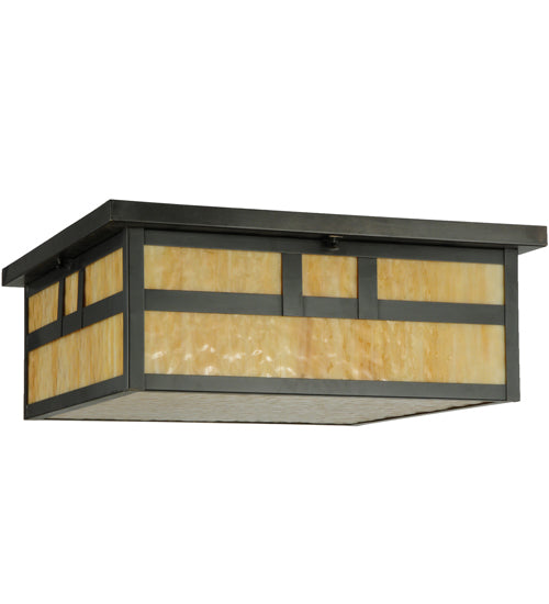 Meyda Lighting Hyde Park 31" 4-Light Craftsman Brown Double Bar Mission Flush Mount Light With Beige Art Shade Glass