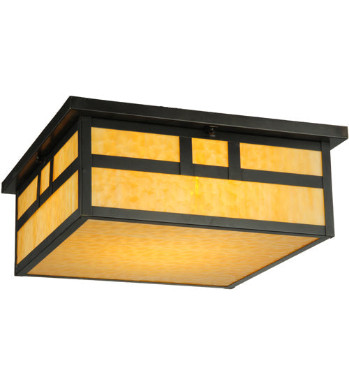 Meyda Lighting Hyde Park 31" 4-Light Craftsman Brown Double Bar Mission Flush Mount Light With Beige Art Shade Glass