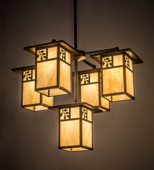 Meyda Lighting Hyde Park 32" 5-Light Craftsman Brown Sprig Chandelier With Beige Iridescent Shade Glass
