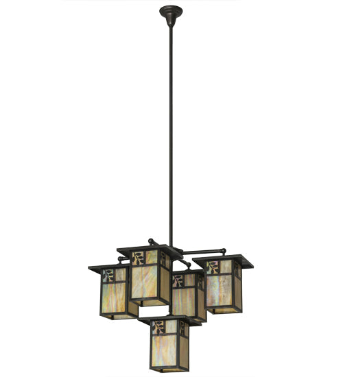 Meyda Lighting Hyde Park 32" 5-Light Craftsman Brown Sprig Chandelier With Beige Iridescent Shade Glass