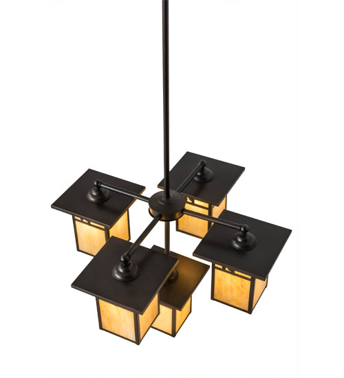 Meyda Lighting Hyde Park 32" 5-Light Craftsman Brown Sprig Chandelier With Beige Iridescent Shade Glass
