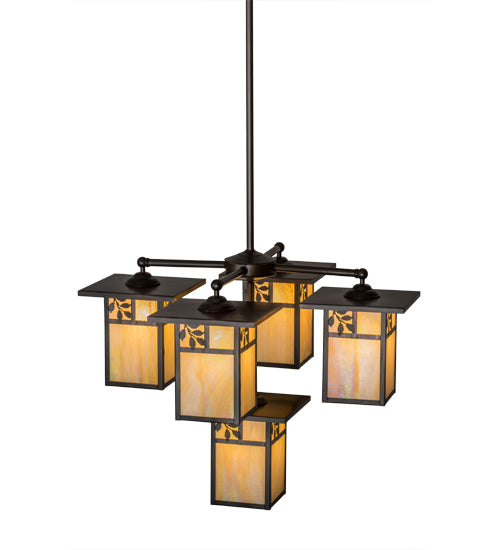 Meyda Lighting Hyde Park 32" 5-Light Craftsman Brown Sprig Chandelier With Beige Iridescent Shade Glass