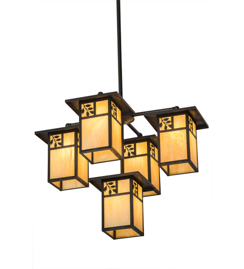 Meyda Lighting Hyde Park 32" 5-Light Craftsman Brown Sprig Chandelier With Beige Iridescent Shade Glass
